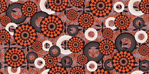 African geometric ethnic traditional orange pattern. seamless beautiful Kitenge, chitenge, Ankara style. fashion design. Geometric floral abstract motif. Floral Ankara prints, African wax prints