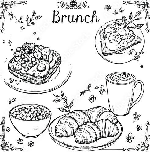 Brunch Bliss  Monochrome Illustration Featuring Avocado Toast, Croissants, Pizza Slice, Coffee, and Berries in a Floral Weekend Spread