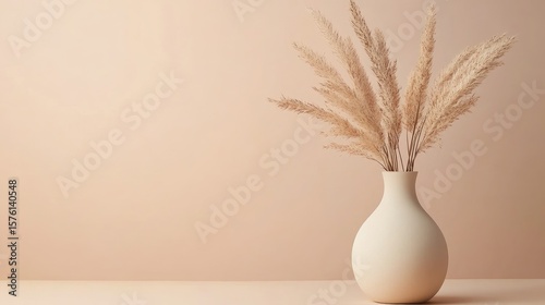 Light beige vase with pampas grass against a soft blush backdrop.