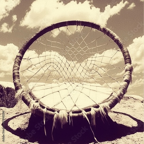 Dreamcatcher on Sandy Surface with Cloudy Sky