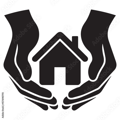 Black silhouette of a house cradled between two cupped hands symbolizing protection and care