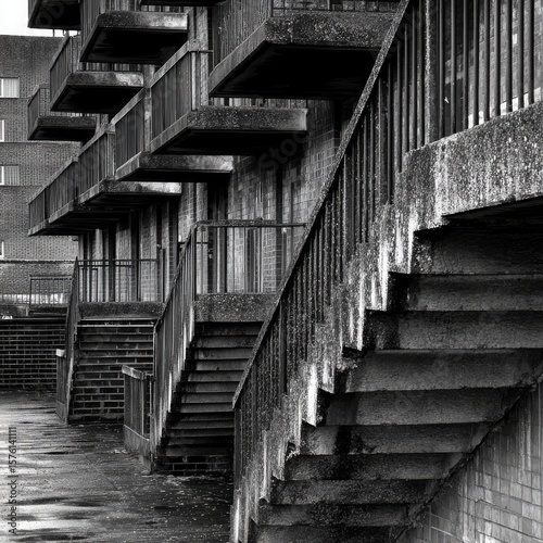 Exterior view of multi-level concrete building with external staircases and balconies