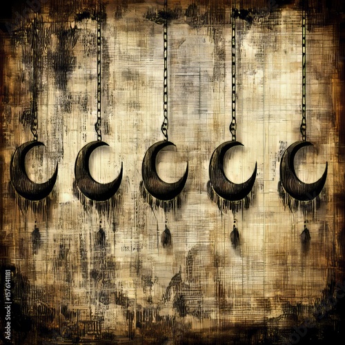 Five Crescent Moon Ornaments on Chains Against Textured Background