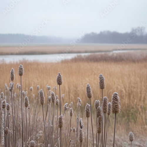 Frost-Covered Seed Heads and Reed Bed Landscape