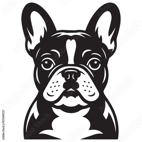 Stylized black and white portrait of a french bulldog s face with large ears and a friendly expression