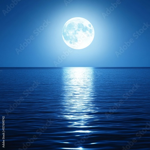 Full Moon over Calm Ocean at Night