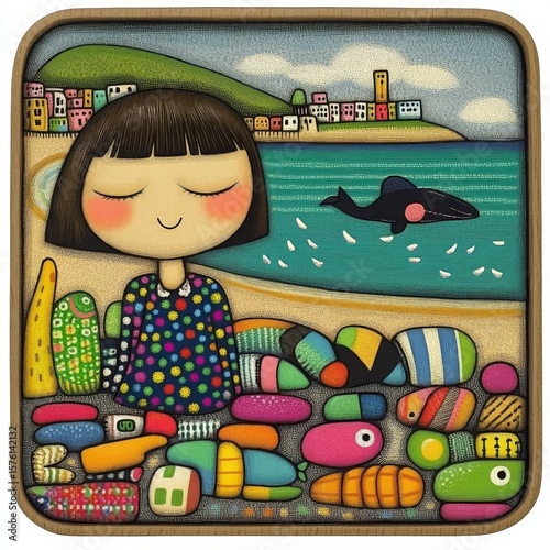 Girl on Beach with Colorful Rocks and Whale