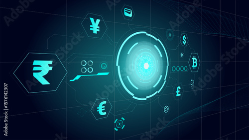 Vector design. Futuristic digital currency interface with glowing symbols on dark grid. Concept of blockchain, global finance, fintech platforms, cryptocurrency exchange, and virtual payment solutions