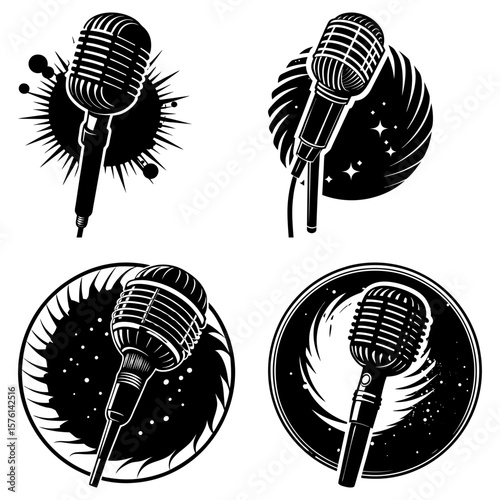 Four vintage microphones in black and white with different backgrounds and effects surrounding them