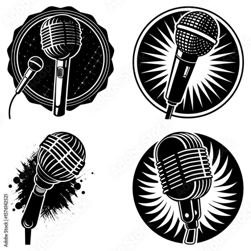 Collection of four microphone designs in black and white with different artistic styles and backgrounds