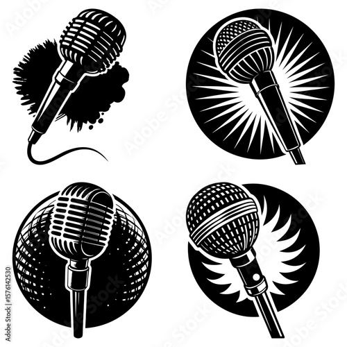 Collection of four vintage style microphones with decorative backgrounds in black and white design