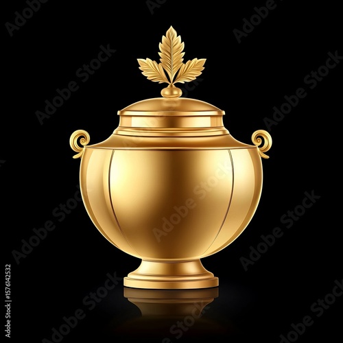 Gold Urn with Leaf-Adorned Lid on Black Background