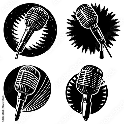 Four vintage microphones in black and white with different stylized backgrounds displayed on white canvas