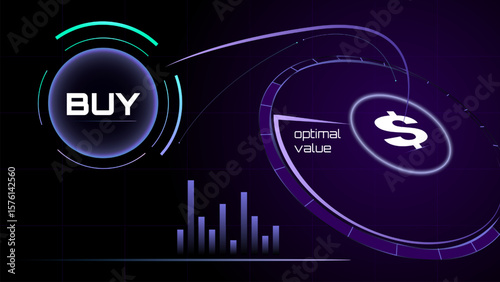 Futuristic buy interface glowing dollar sign with optimal value indicator. Concept of trading strategy, forex automation, market analytics, investment timing, and digital transaction systems.