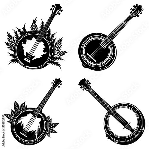 Four banjo illustrations in black and white with floral accents and detailed stringed instrument design