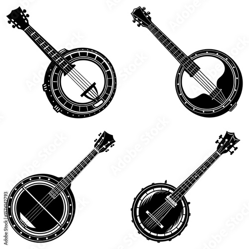 Four black and white banjo illustrations with different designs and string arrangements shown