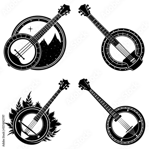 Four artistic banjo illustrations in black and white featuring nature and minimalist designs displayed together