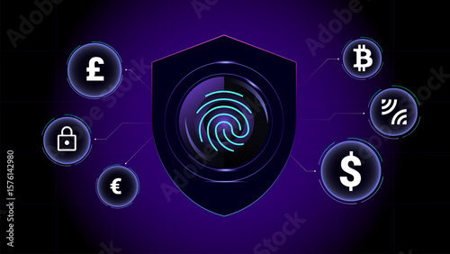 Futuristic fingerprint shield protection interface with digital currency icons. Concept of secure transactions, biometric verification, cyber defense, fintech innovation, and digital identity safety.