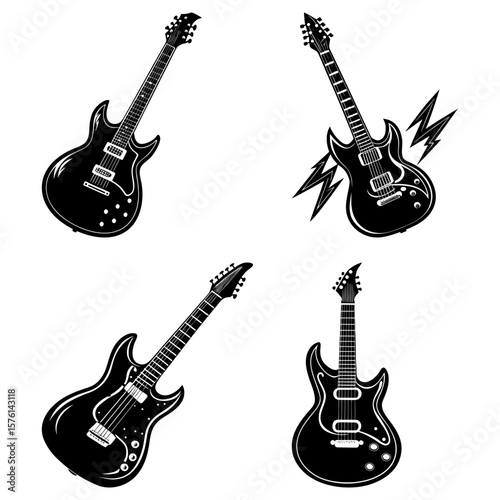 Illustration featuring four black and white electric guitars in varying orientations and designs