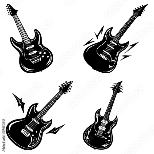 Four black and white electric guitars in different styles and angles on a white background design style