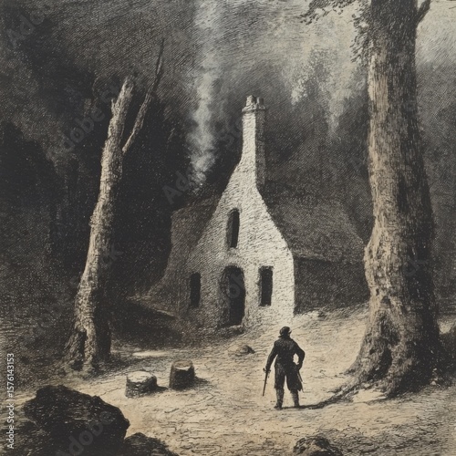 Grayscale Print of a Cottage in a Wooded Area with a Single Figure