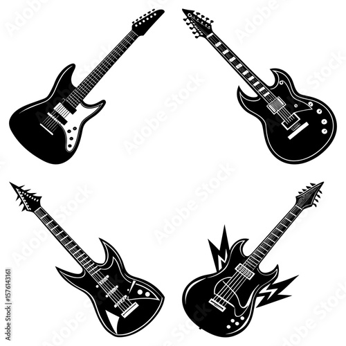 Four electric guitars arranged in a square formation with varying body shapes and headstock designs