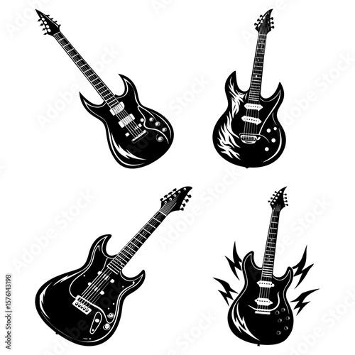 Collection of four stylized electric guitars in black and white with different designs and orientations