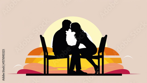 Silhouette of a romantic couple on a date at sunset