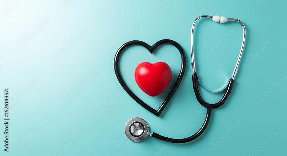 Stethoscope Heart Shape with Red Heart on Blue Background Stethoscope Heart Shape with Red Heart on Blue Background