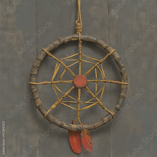 Handcrafted Dreamcatcher with Wooden Frame and Red Feathers