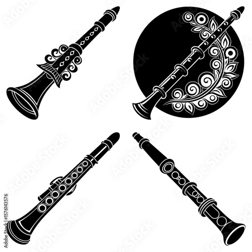 Four black and white clarinets in different orientations with decorative elements and plain backgrounds