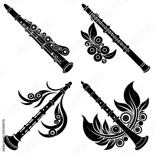 Four stylized black and white clarinet illustrations with floral and swirl decorative elements around them
