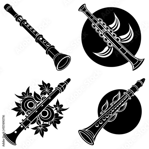 Four artistic black and white illustrations of clarinets with decorative elements around them