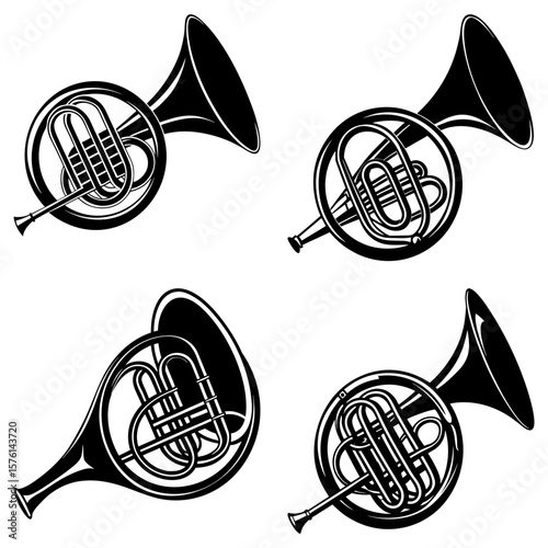 Four french horns in black and white showcasing musical instruments and orchestral design elements perfectly