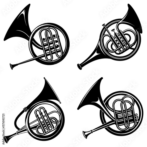 Four french horns in black and white arranged in a square pattern musical instruments vector art