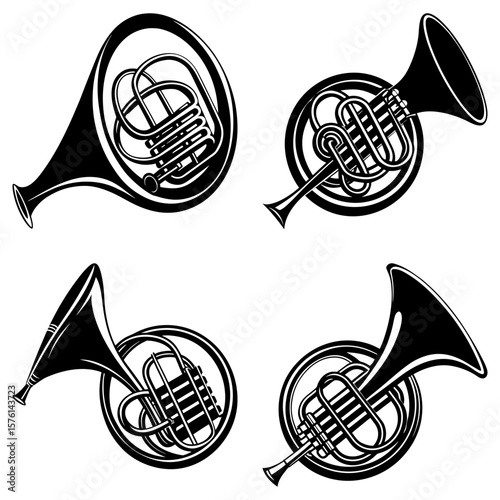 Collection of four french horn illustrations in black and white musical instrument designs in various orientations