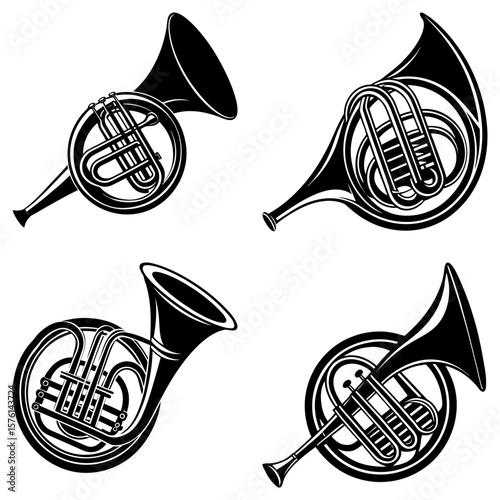 Four french horns in black and white with intricate coil and bell designs arranged on a white background
