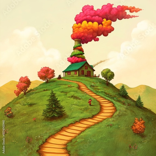 Hilltop House with Colorful Chimney Smoke and Winding Path