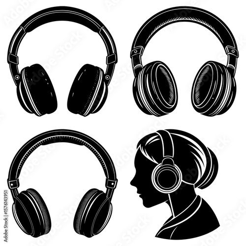 Illustration of three sets of headphones and a silhouette of a person wearing headphones