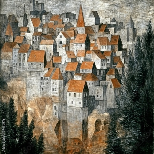 Hillside Town with Grey and Orange-Brown Buildings