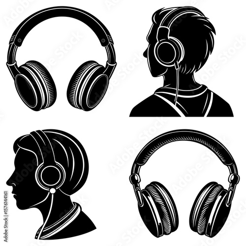 Four illustrations showing headphones and people wearing headphones in black and white style design