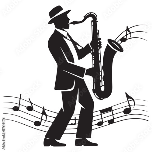 Silhouette of a man in a hat and suit playing a saxophone with musical notes flowing around him