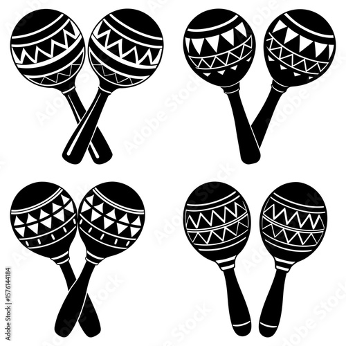 Four pairs of black and white maracas with decorative patterns arranged on a white background image