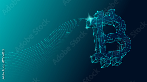 Wireframe glowing bitcoin symbol flying with sparkles on blue background. Concept of cryptocurrency technology, digital economy, blockchain success, financial freedom.