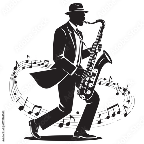 Silhouette of a man in a fedora and suit playing a saxophone with musical notes swirling around him
