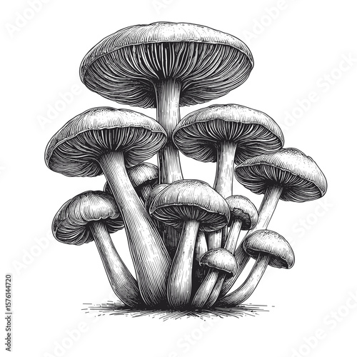 Mushroom cluster drawing in black and white depicting nature