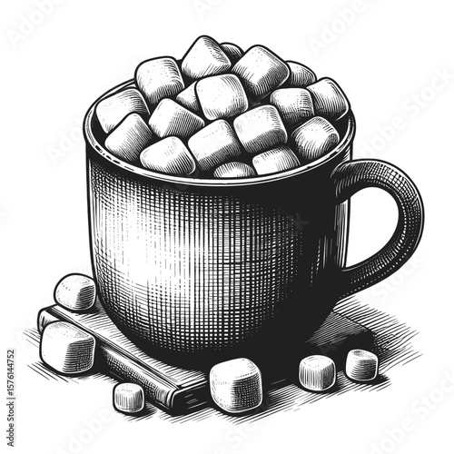 Mug with marshmallows in black and white style for winter beverages