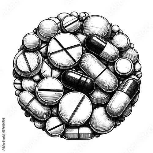 Pills cluster in sketch style in black and white for medical use