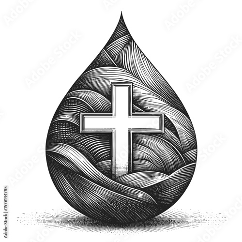Cross in teardrop design in black and white representing spirituality
