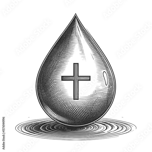 Water drop with cross in monochrome illustration for religious purposes